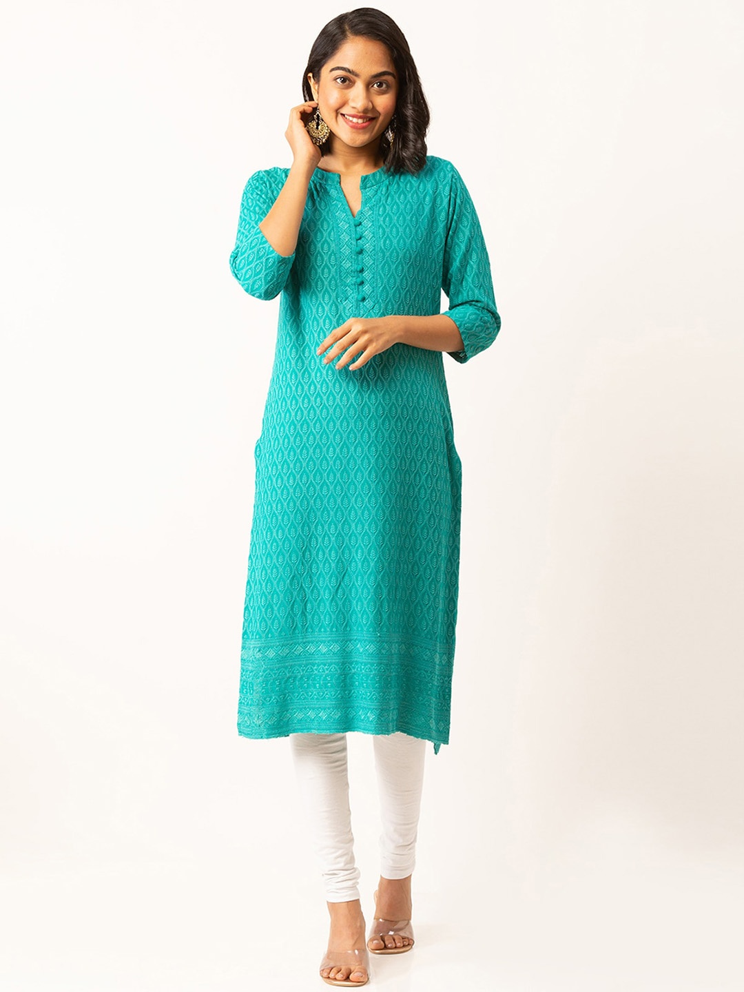 

ODETTE Ethnic Motifs Embroidered Thread Work Kurta, Blue