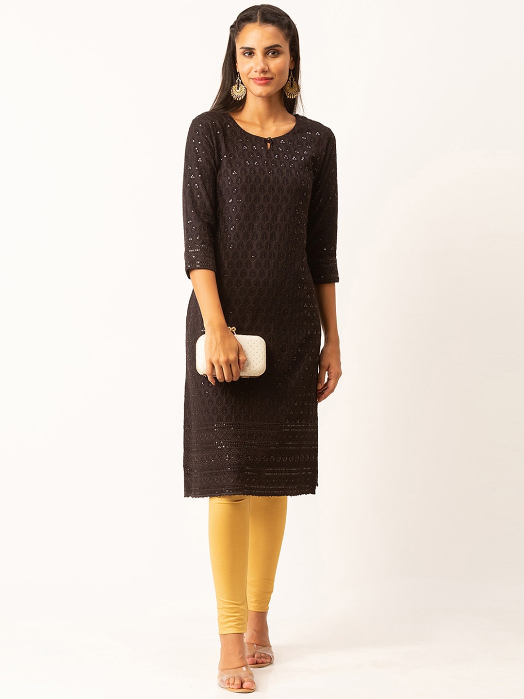 

ODETTE Geometric Keyhole Neck Thread Work Kurta, Black
