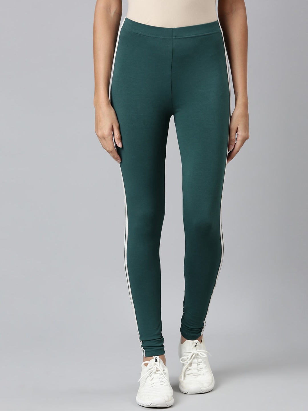 

Go Colors Women Slim Fit Active Leggings with Side Stripes, Green