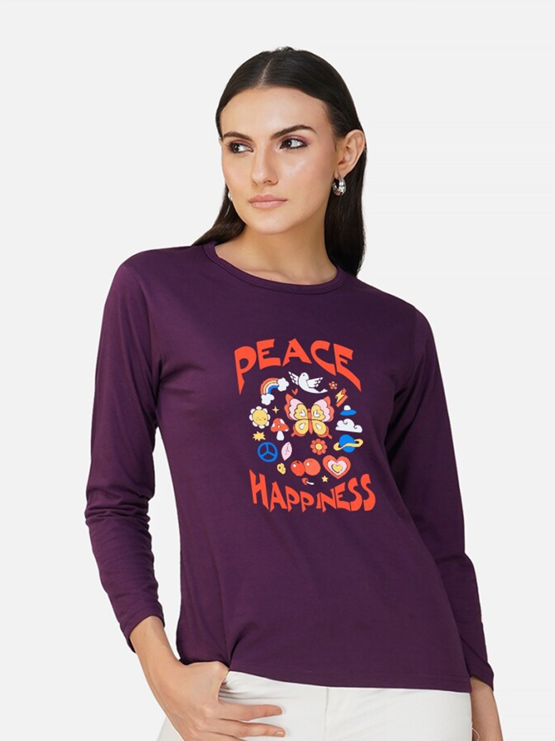 CHOZI Typography Printed Long Sleeves Cotton T-shirt, Purple