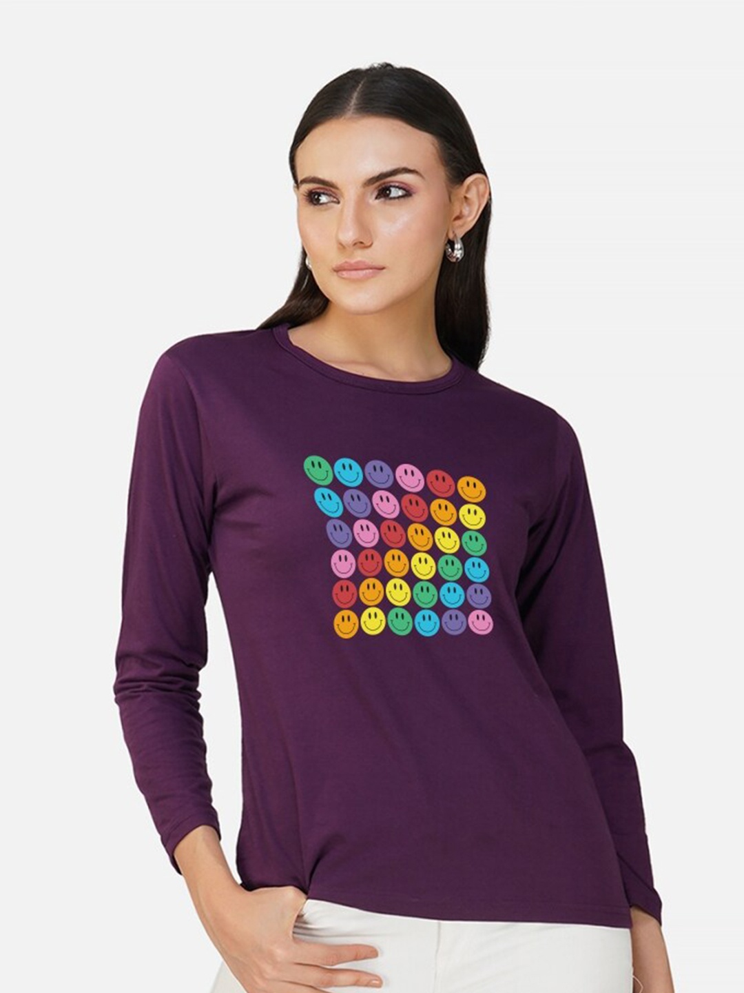 CHOZI Graphic Printed Long Sleeves Cotton T-shirt, Purple