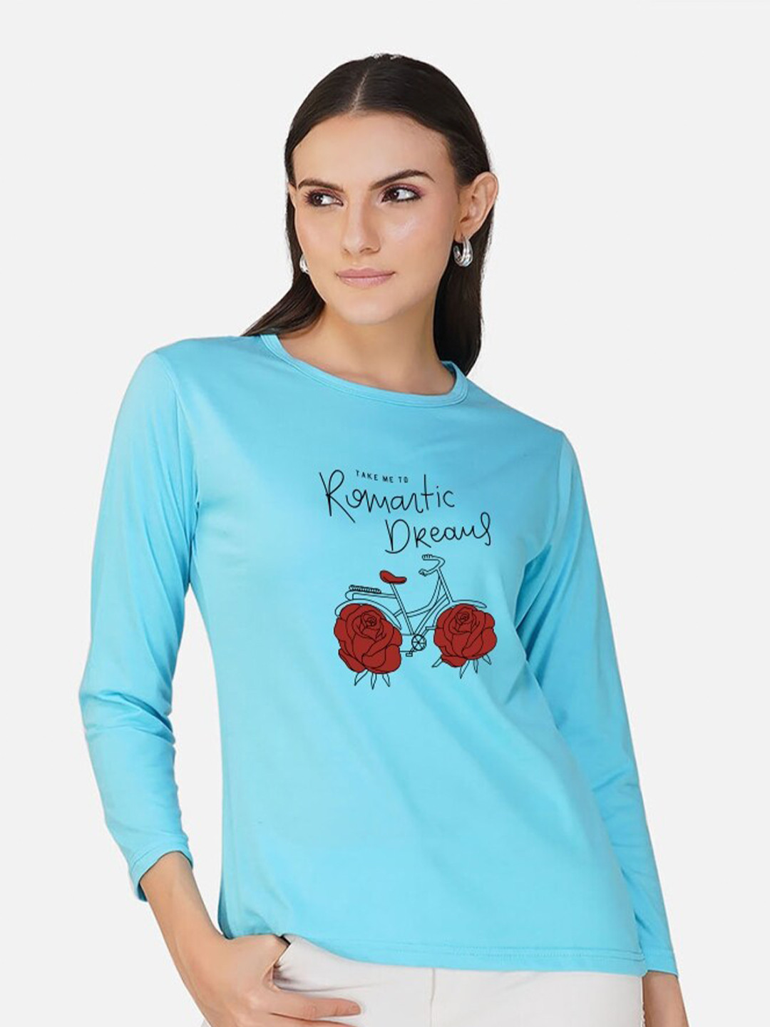 

CHOZI Floral Printed Round Neck Cotton T-shirt, Turquoise blue