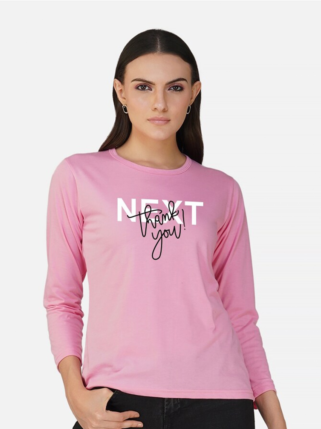 

CHOZI Typography Printed Round Neck Cotton T-shirt, Pink