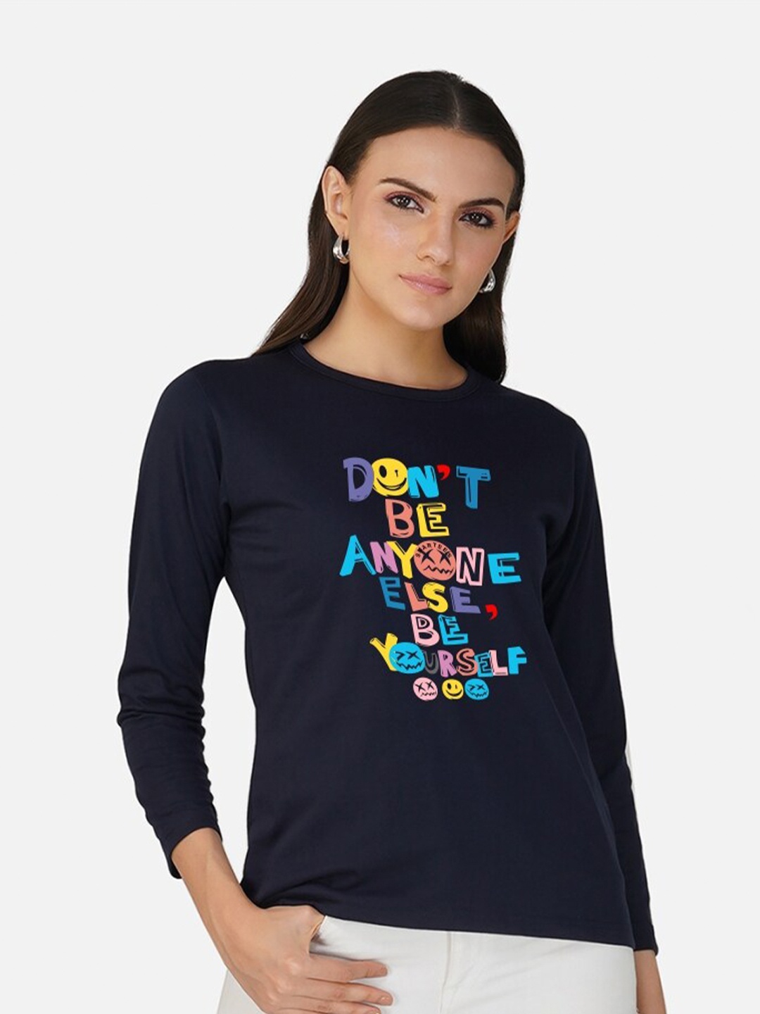 

CHOZI Typography Printed Round Neck Cotton T-shirt, Navy blue