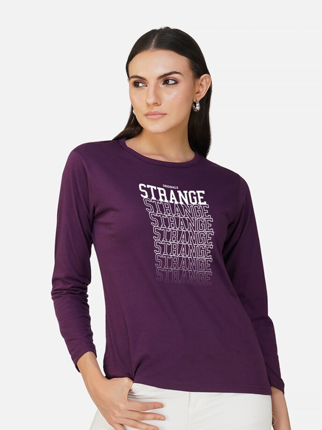 

CHOZI Typography Printed Round Neck Cotton T-shirt, Purple