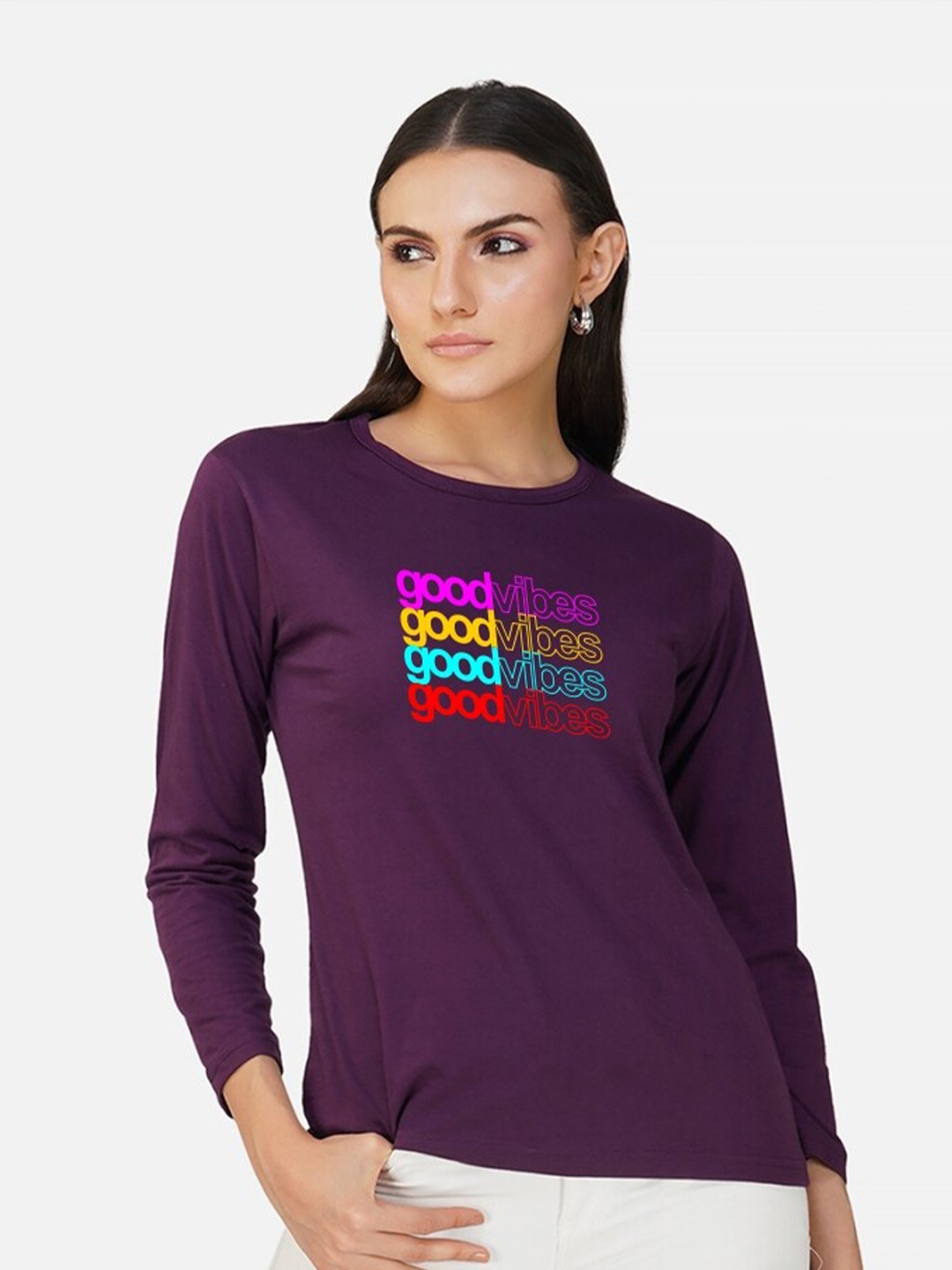 

CHOZI Typography Printed Cotton Casual T-Shirt, Purple