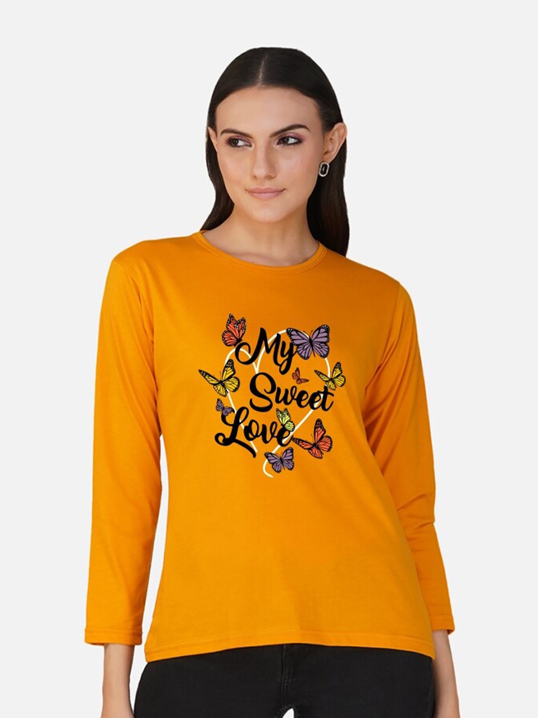 CHOZI Typography Printed Round Neck Cotton T-shirt, Mustard