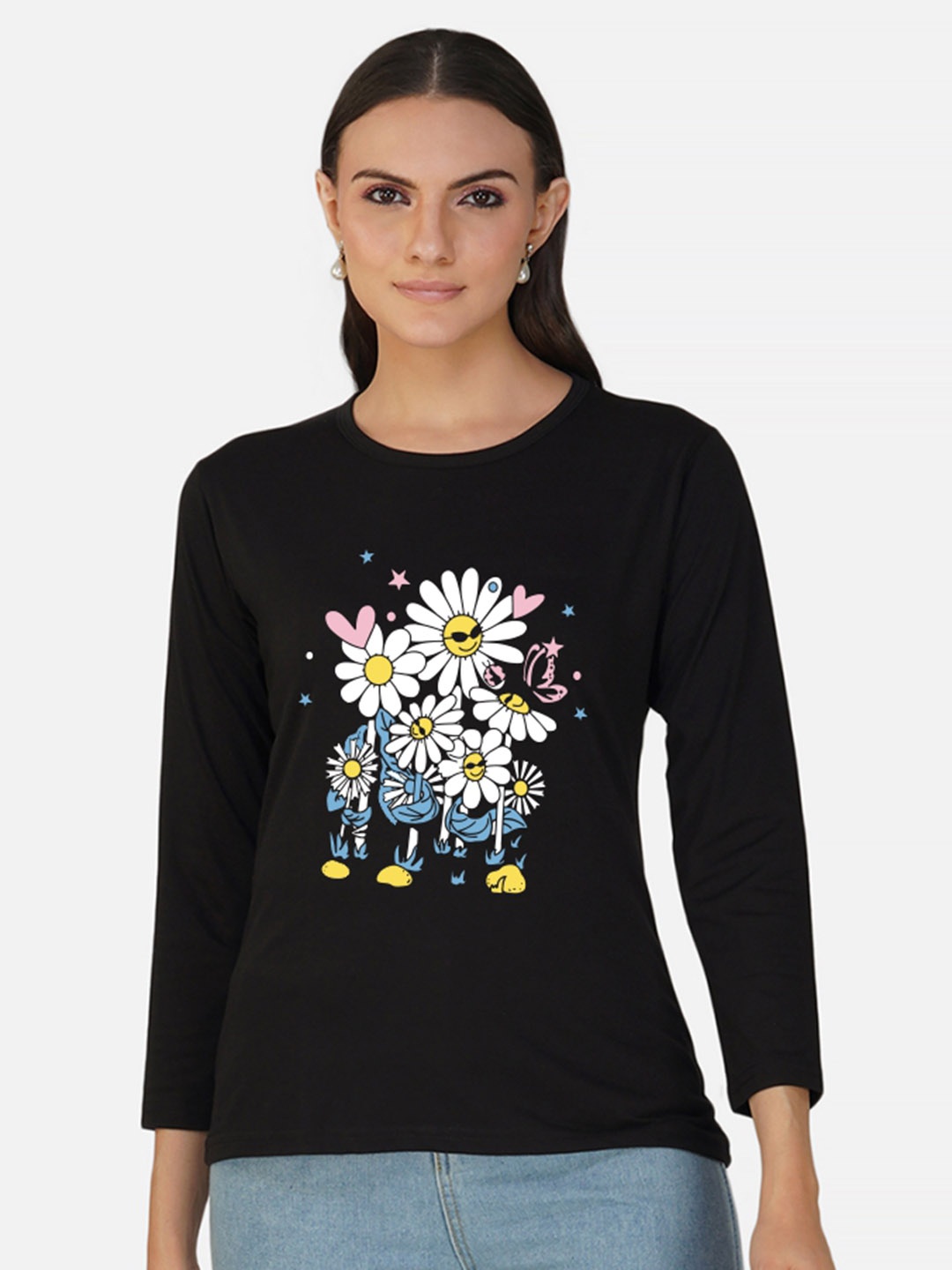

CHOZI Floral Printed Cotton T-shirt, Black