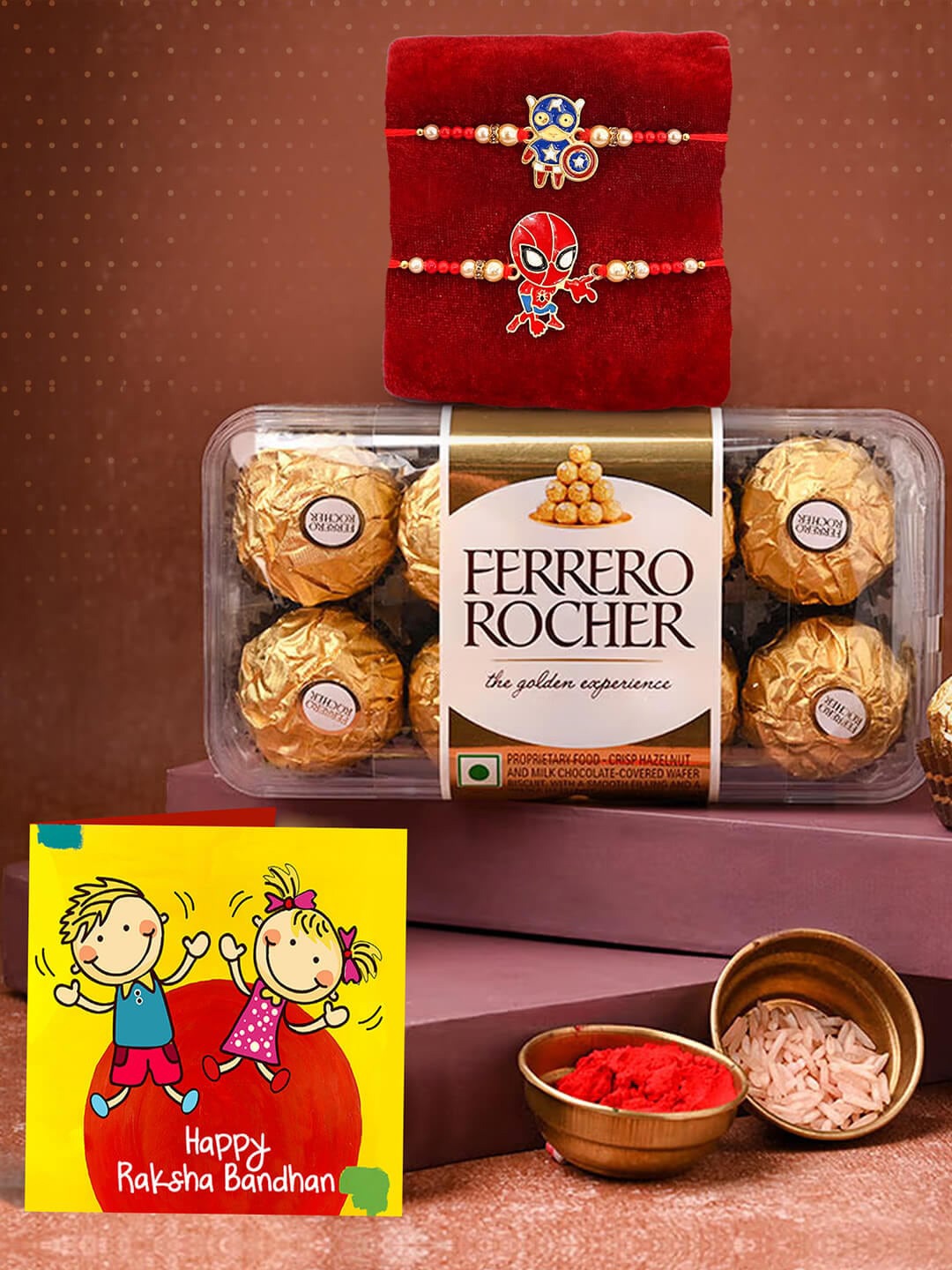 

TIED RIBBONS Kids Set Of 2 Superhero Rakhi With Ferrero Rocher Chocolate Gifts 200g, Red