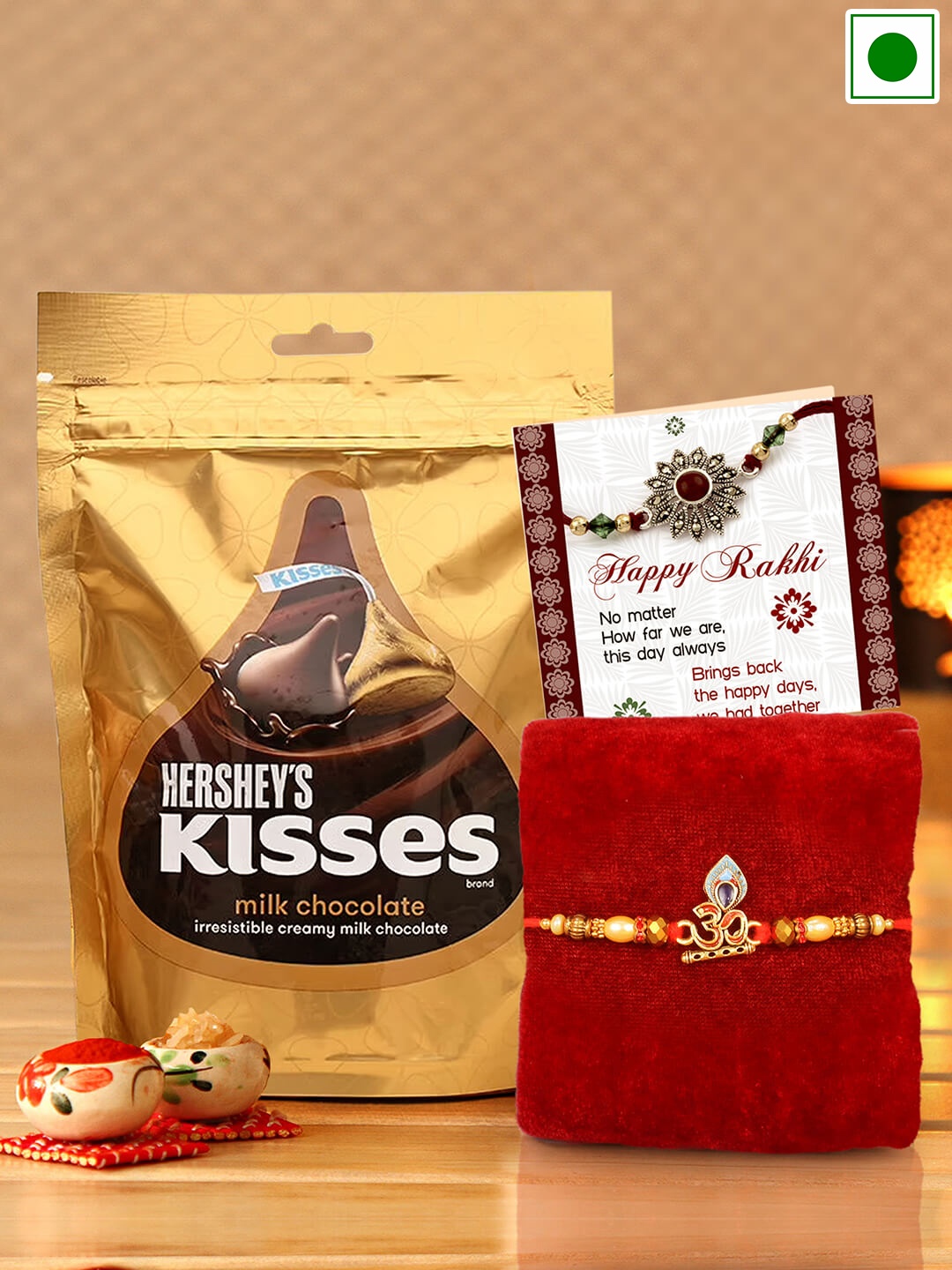 

TIED RIBBONS Hersheys Kisses Chocolate Pack With Om Rakhi-36 gms, Red