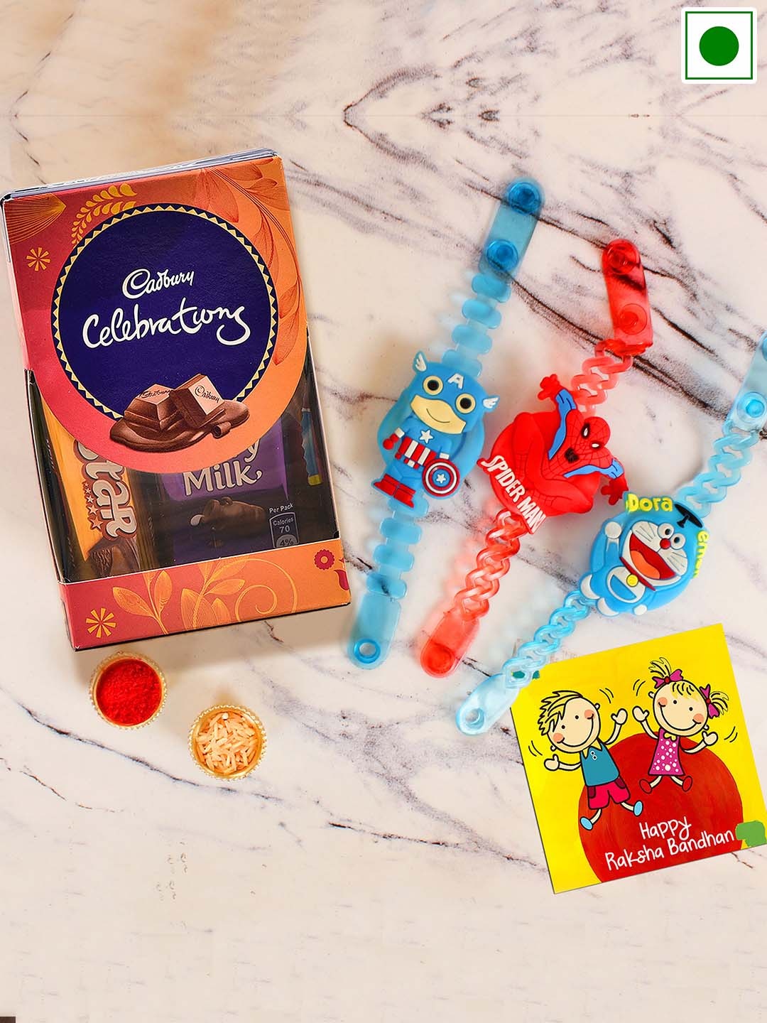 

TIED RIBBONS Set Of 3 LED Rakhis With Cadbury Celebration Chocolate Gifts 64.2g, Blue