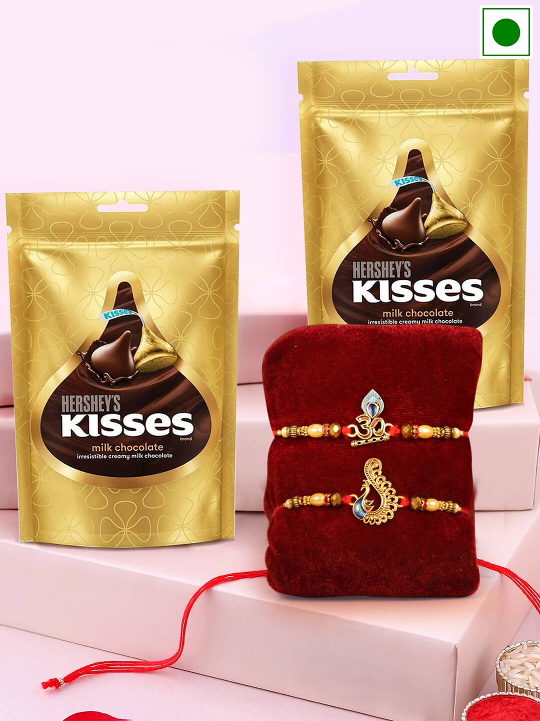 

TIED RIBBONS Hersheys Kisses Chocolate Packs With 2 Rakhis-36 gms Each, Red
