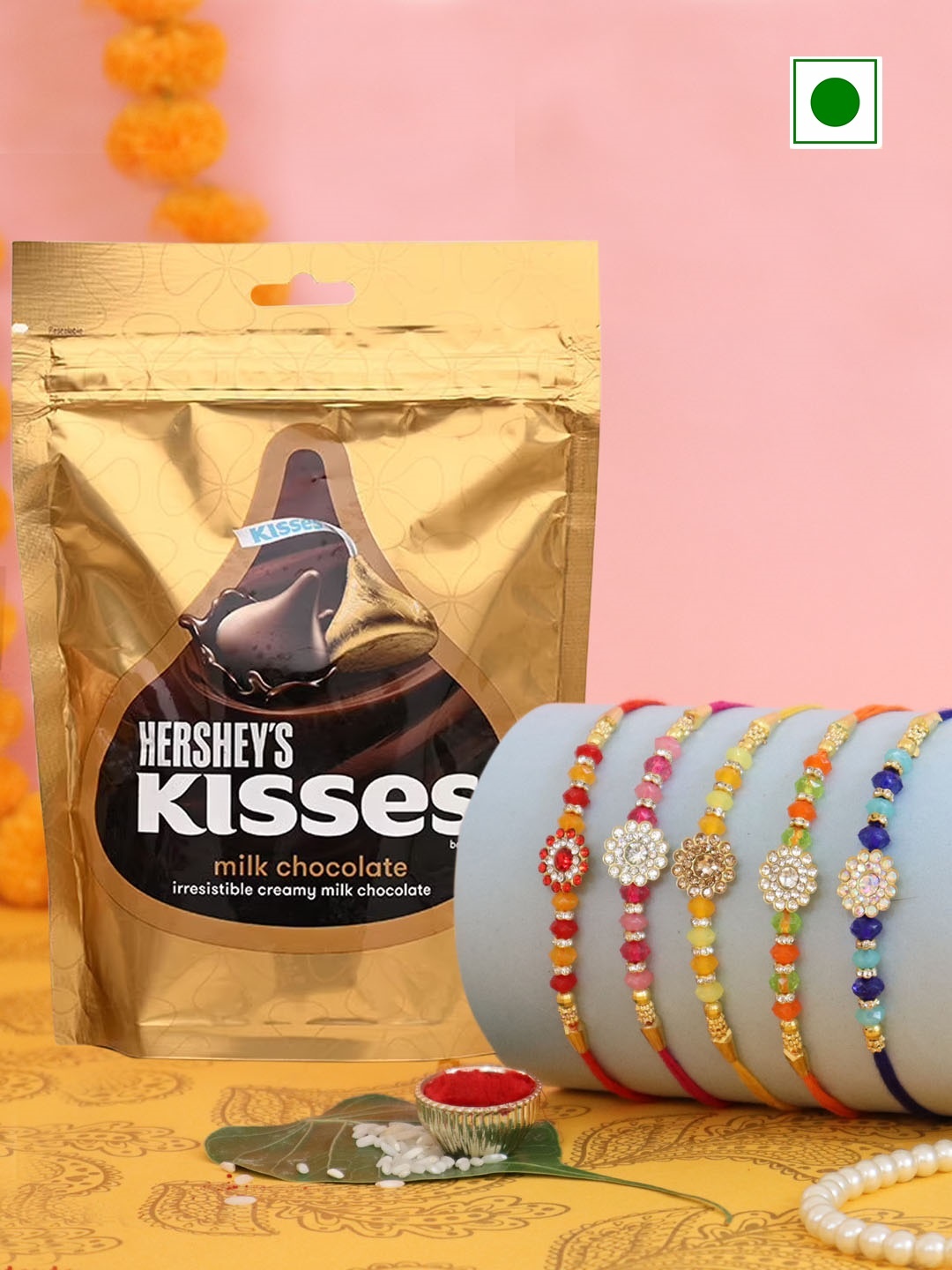 

TIED RIBBONS Set Of 5 Stone Studded & Beaded Rakhi With Hersheys Kisses Chocolate Gift Set, Red