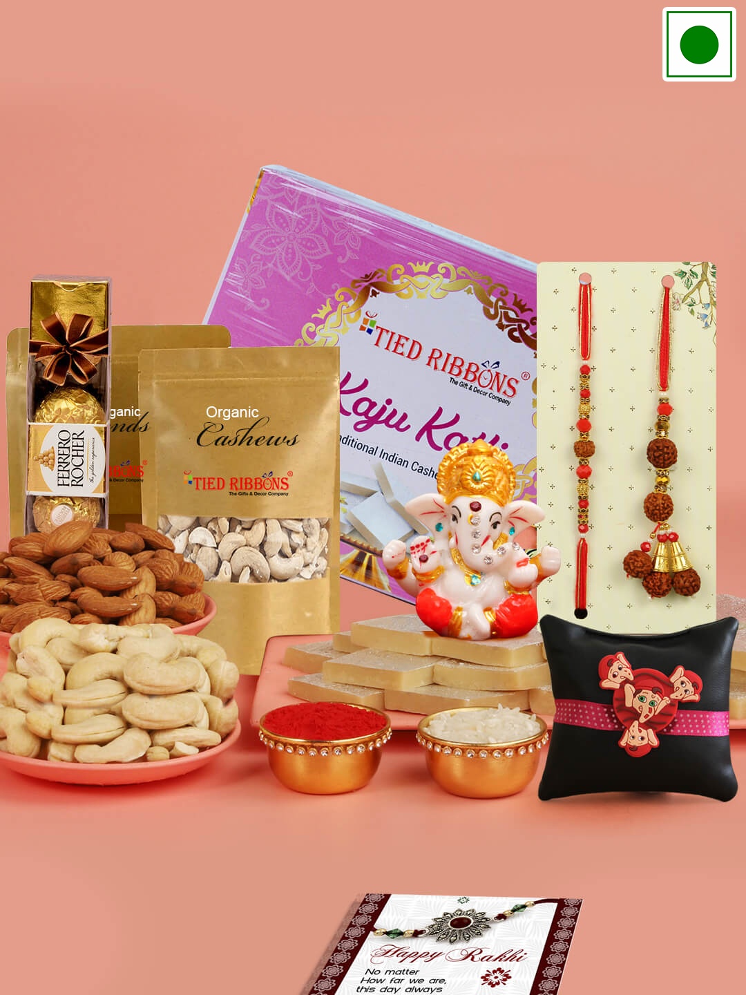 

TIED RIBBONS Sweets Chocolates Mix Dry Fruits and Idol With 3 Rakhis, Gold