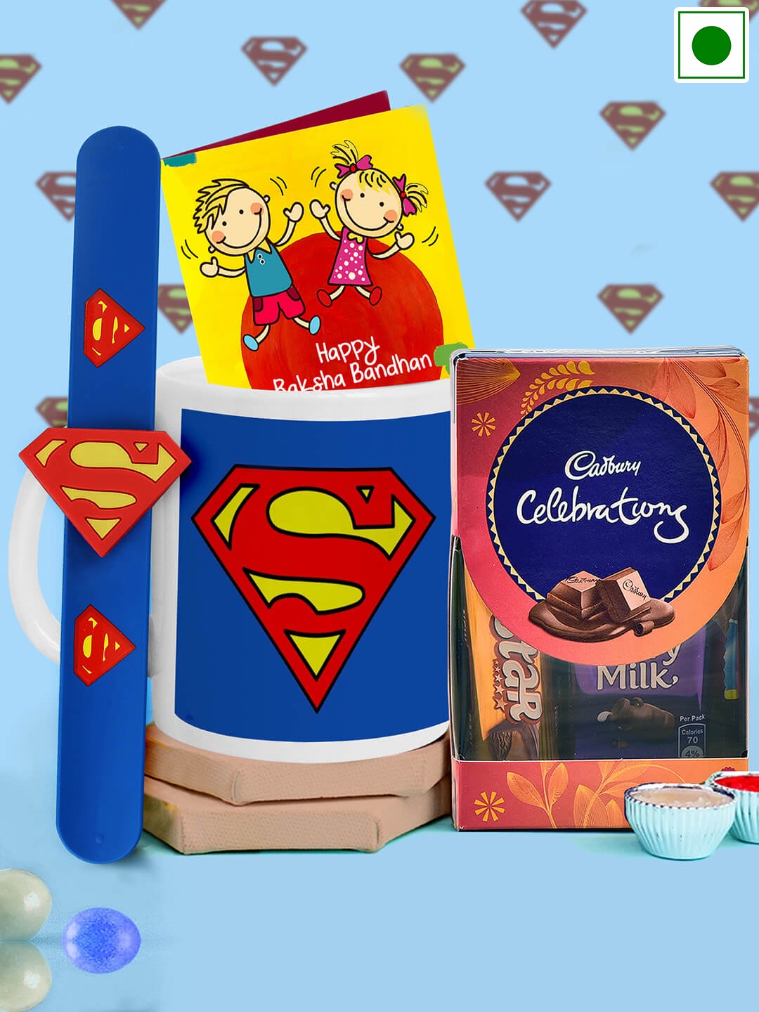 

TIED RIBBONS Kids Superman Band Rakhi with Chocolate & Mug, Blue