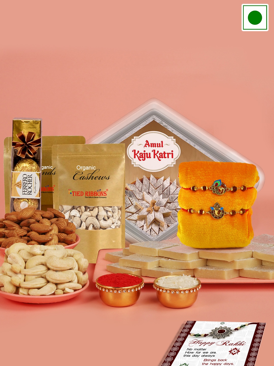 

TIED RIBBONS Set Of 2 Rakhis with Sweets Chocolates Mix Dry Fruits, Multi