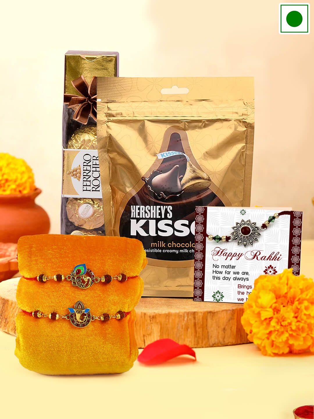 

TIED RIBBONS Set Of 2 Rudraksha Rakhis With Chocolates Combo Set, Multi