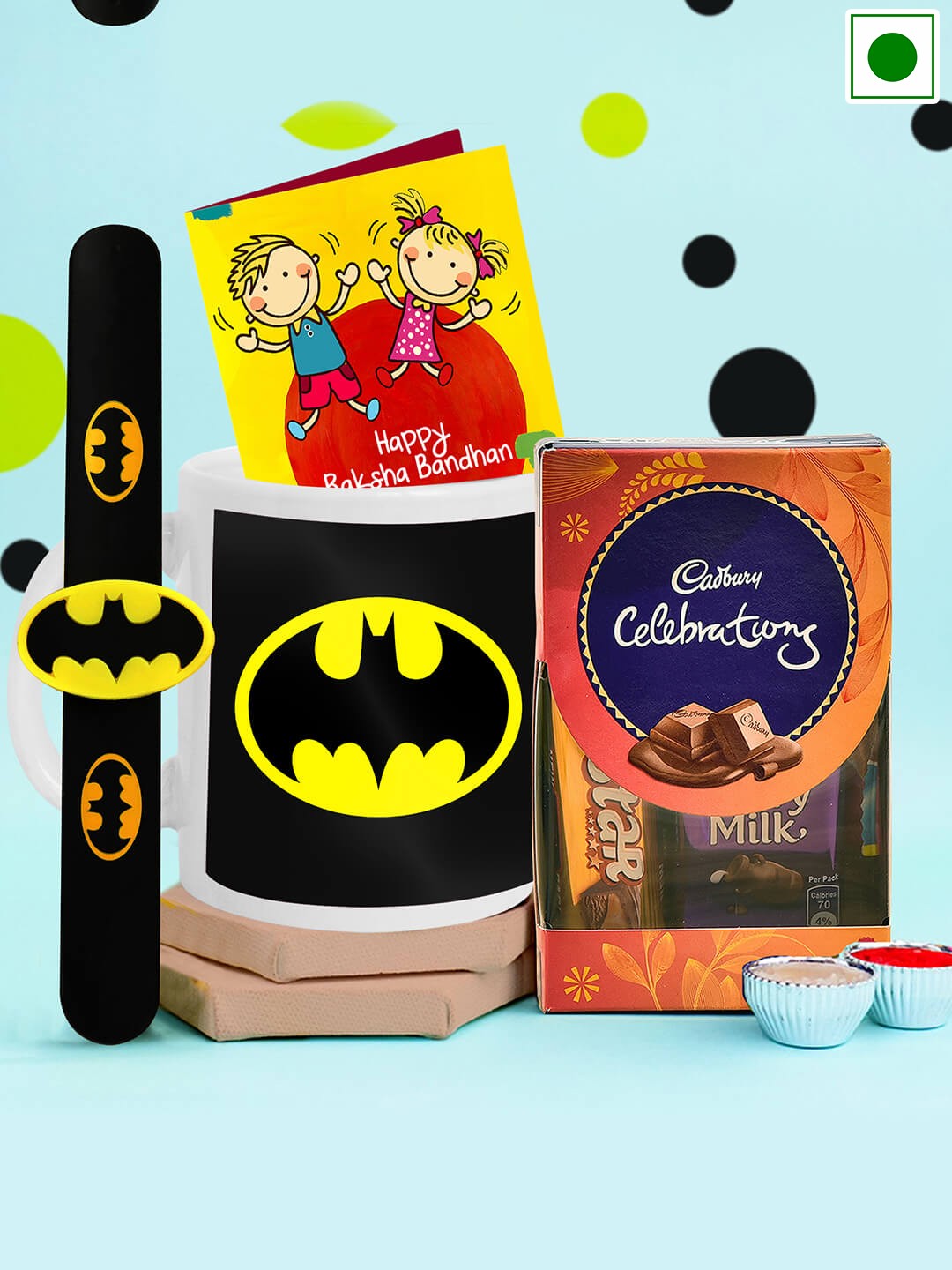 

TIED RIBBONS Batman Rakhi With Roli Chawal, Greeting Card, Chocolate & Coffee Mug Set, Black