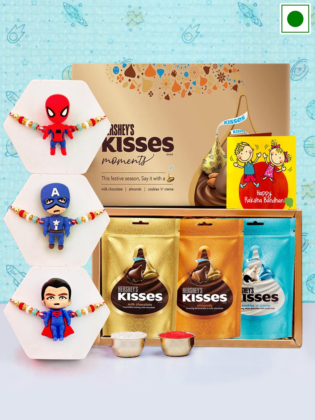 

TIED RIBBONS Kids Set Of 3 Charm Rakhis With Hersheys Kisses Chocolate Pack - 36g Each, Gold