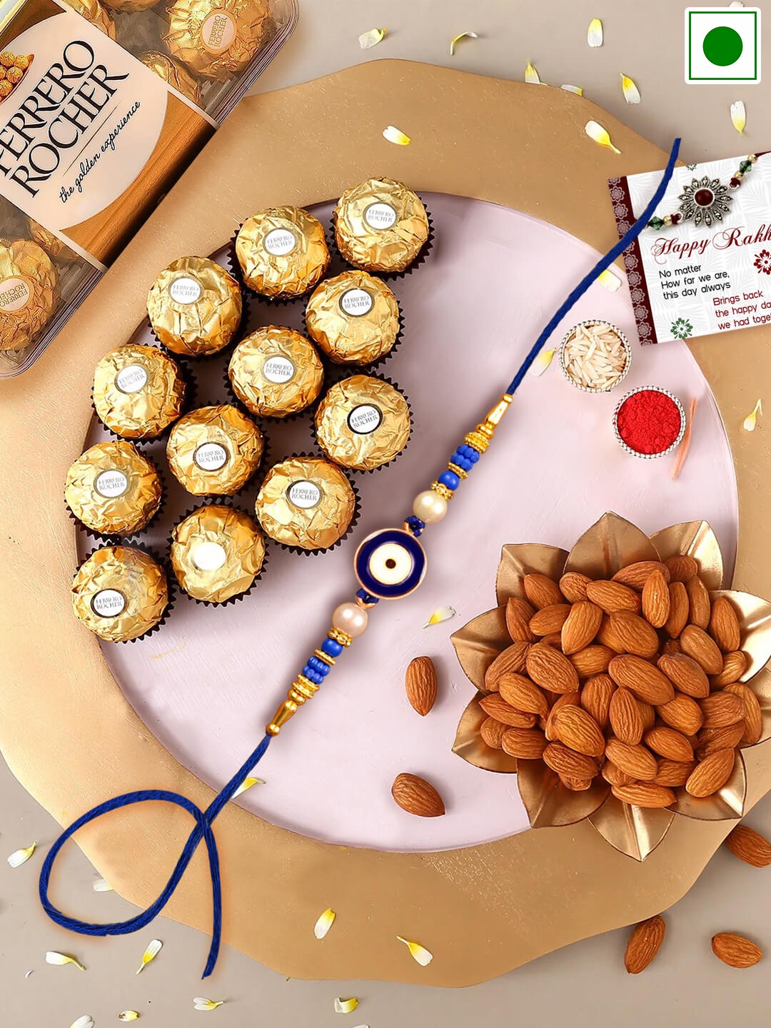 

TIED RIBBONS Evil Eye Charm Rakhi With Chocolates And Almonds Gift Pack 100g, Blue