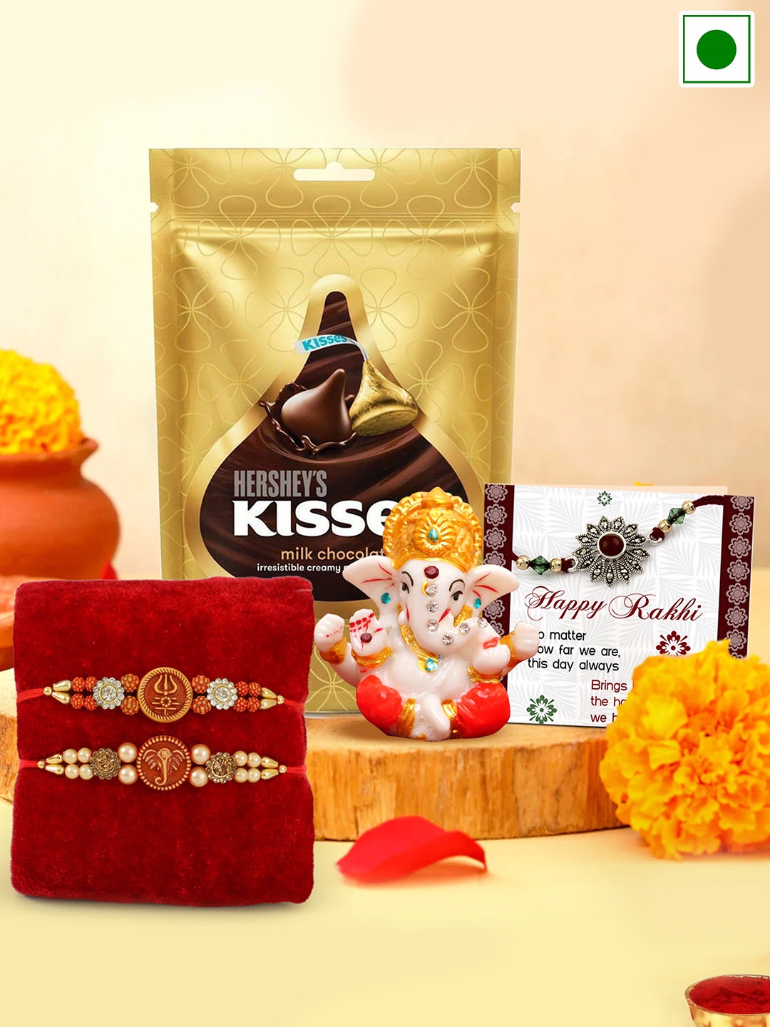 

TIED RIBBONS Set Of 2 Beaded Rakhis With Ganesha Idol & Chocolate Gifts Set, Red
