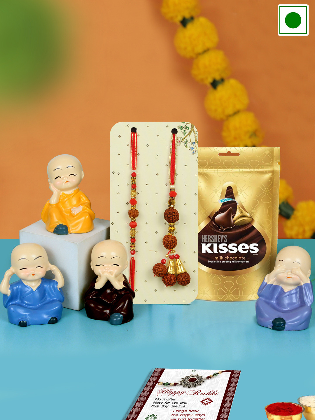 

TIED RIBBONS Set Of 2 Rudraksha Rakhi & Hersheys Kisses Chocolate Gifts 36g With Idol, Red