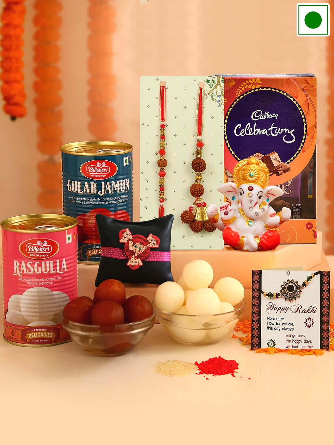 

TIED RIBBONS Set Of 3 Stone-Studded Rakhi With Assorted Gift Set, Gold