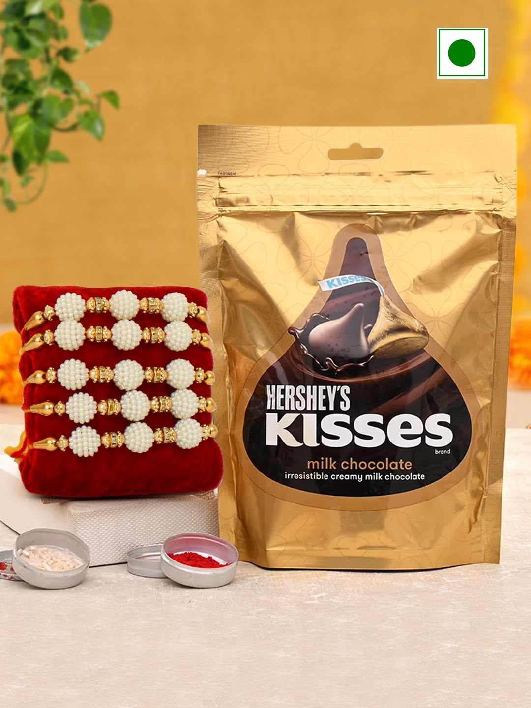 

TIED RIBBONS Set of 5 Pearl Rakhi with Hersheys Kisses Chocolate Pack, Gold