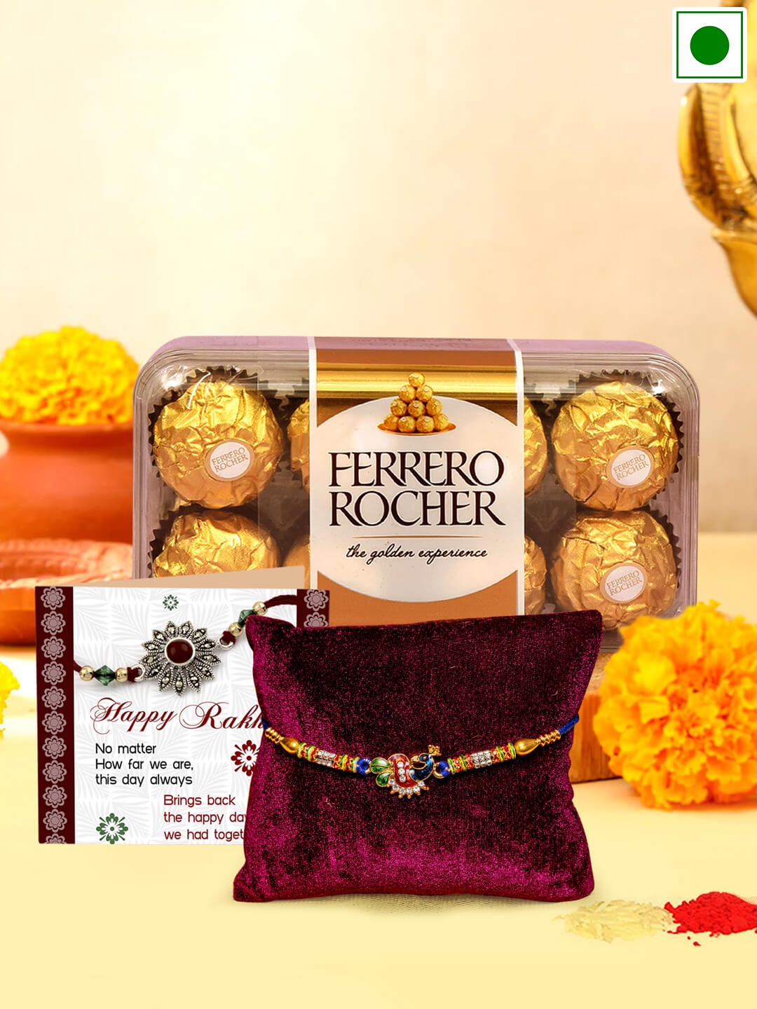 

TIED RIBBONS Peacock Enamelled & Beaded Rakhi With Ferrero Rocher Chocolates Gifts 200g, Gold