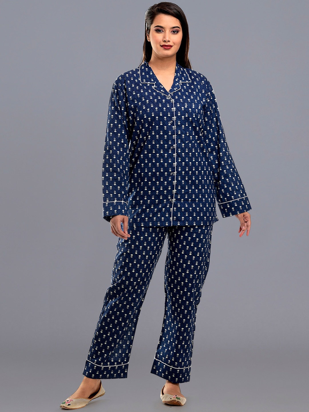 

HANDICRAFT PALACE Floral Printed Pure Cotton Night Suit, Blue