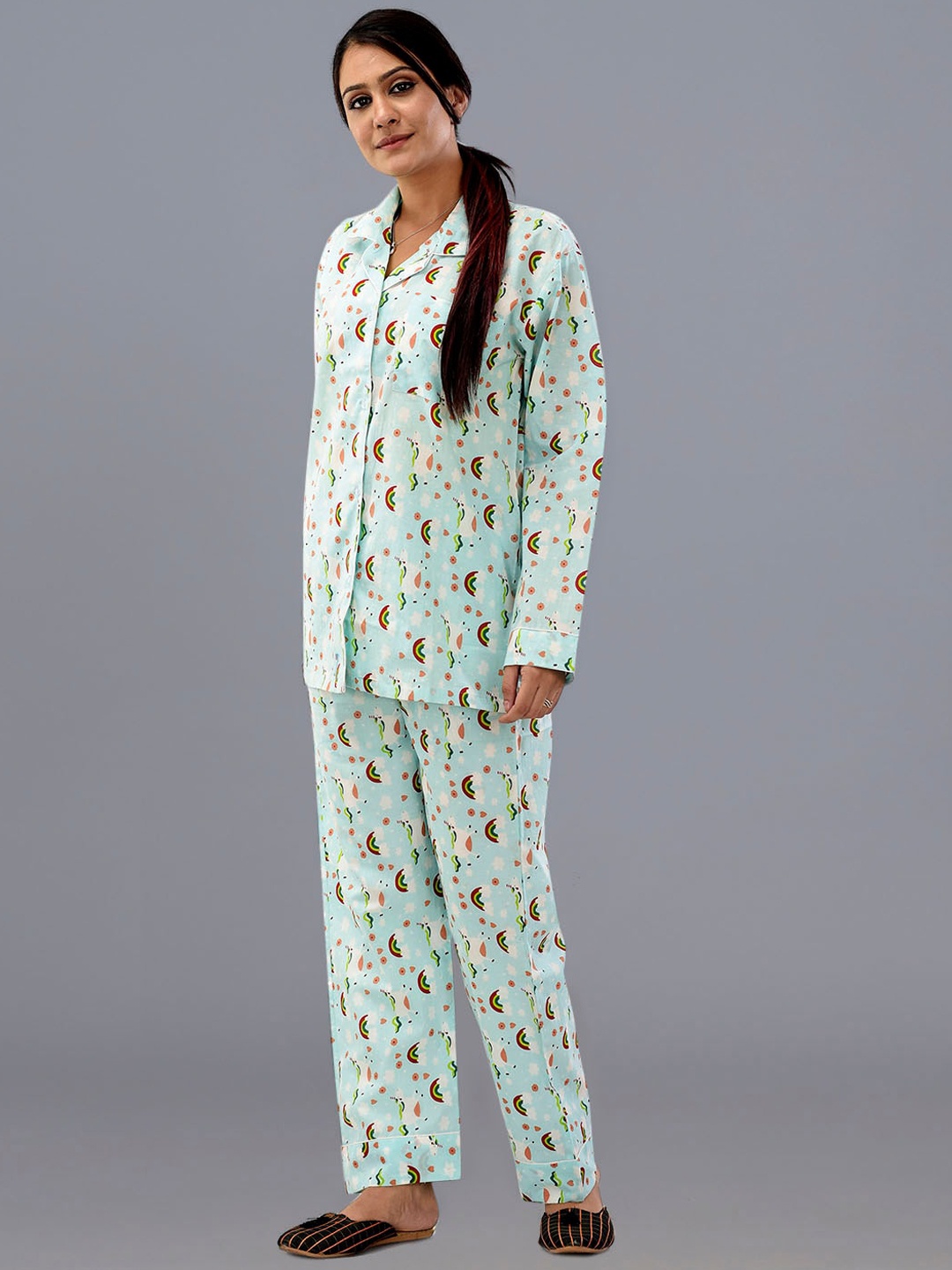 

HANDICRAFT PALACE Graphic Printed Pure Cotton Night Suit, Blue