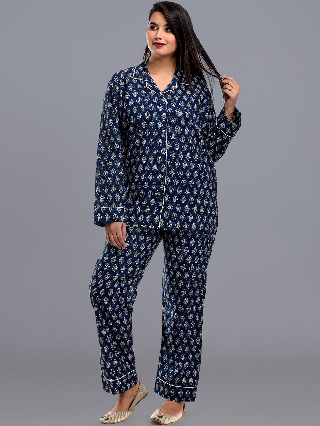 

HANDICRAFT PALACE Floral Printed Pure Cotton Night Suit, Blue