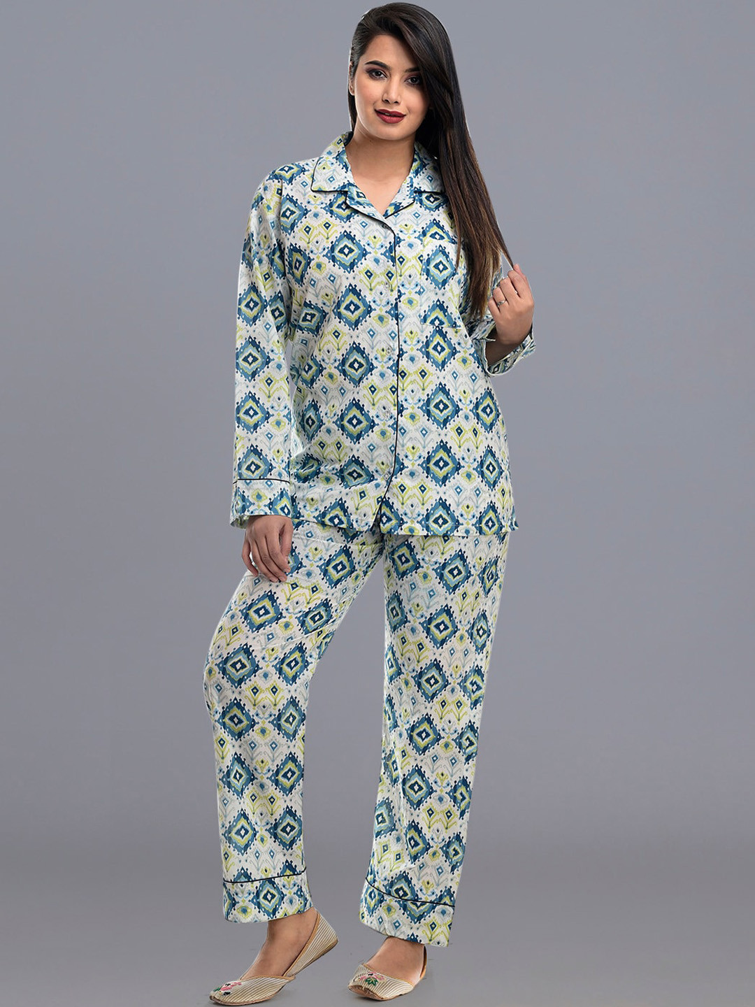 

HANDICRAFT PALACE Printed Pure Cotton Night Suit, White