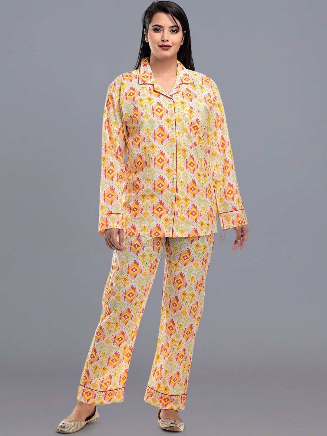 

HANDICRAFT PALACE Ethnic Motifs Printed Pure Cotton Night Suit, Yellow