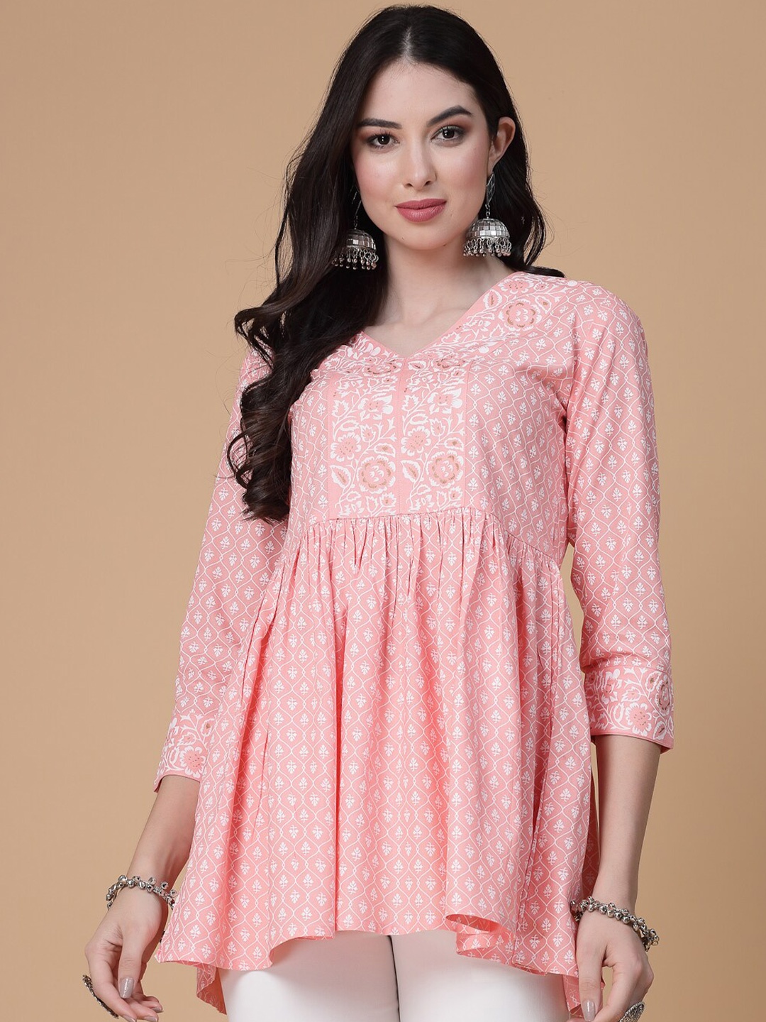 

God Bless Floral Printed Peplum Top, Peach