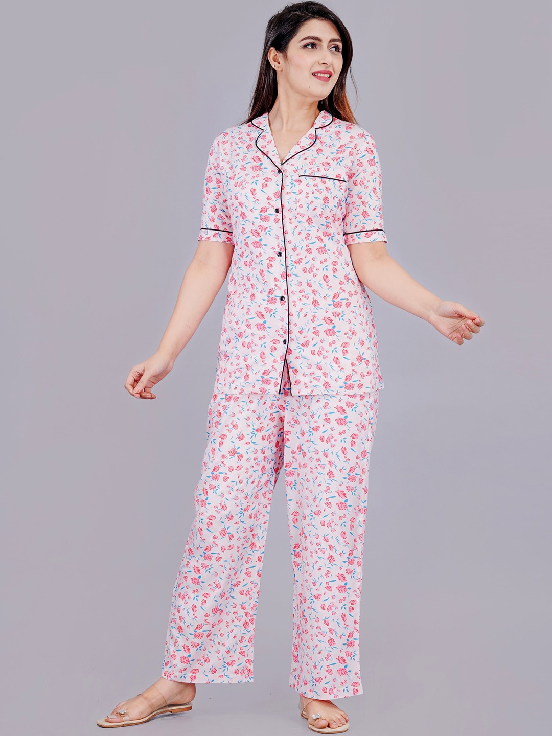 

TREND ME Floral Printed Lapel Collar Night suit, Pink