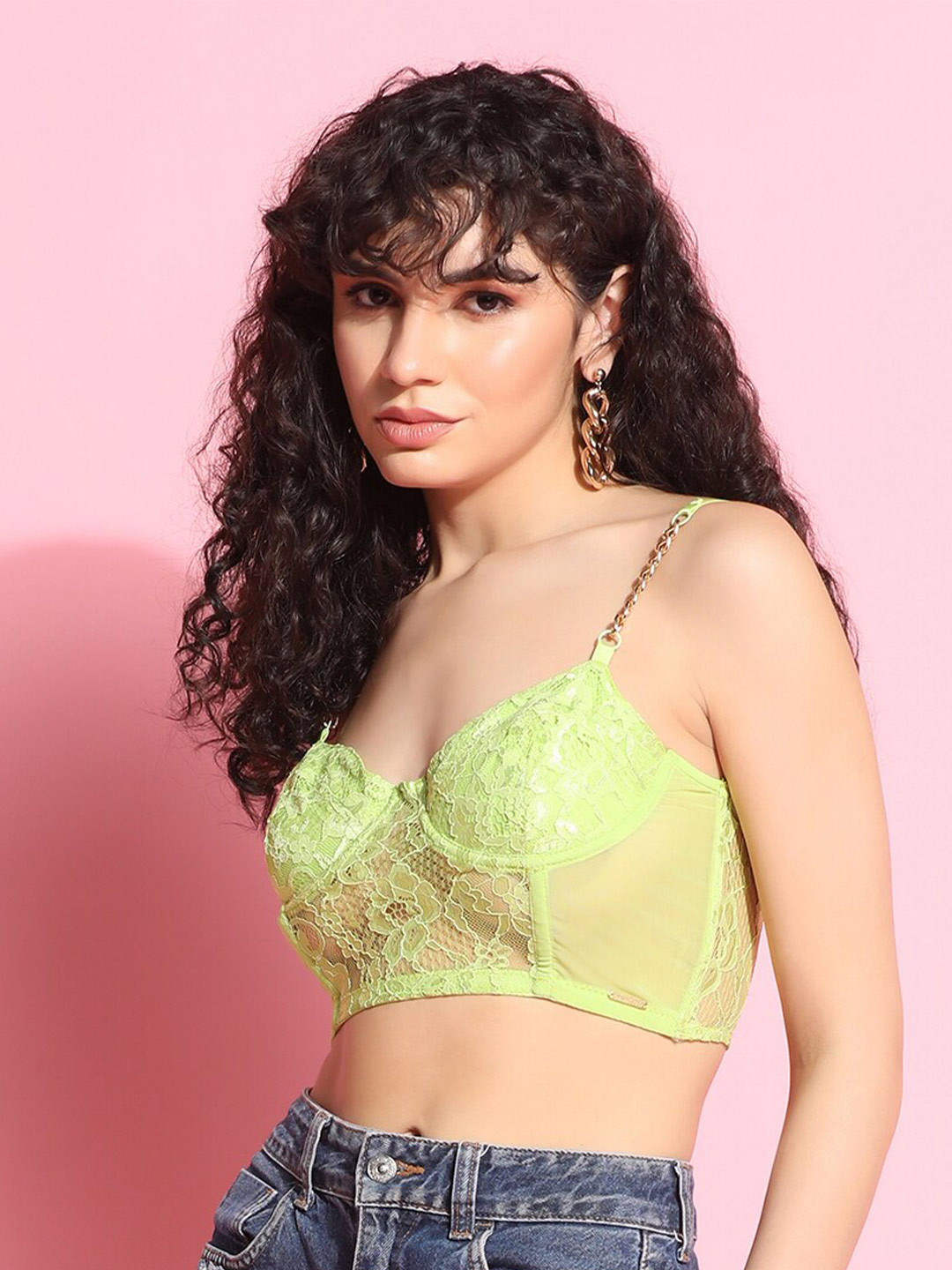 

Da Intimo Fluorescent Green Floral Lace Lightly Padded Bralette Bra With All Day Comfort