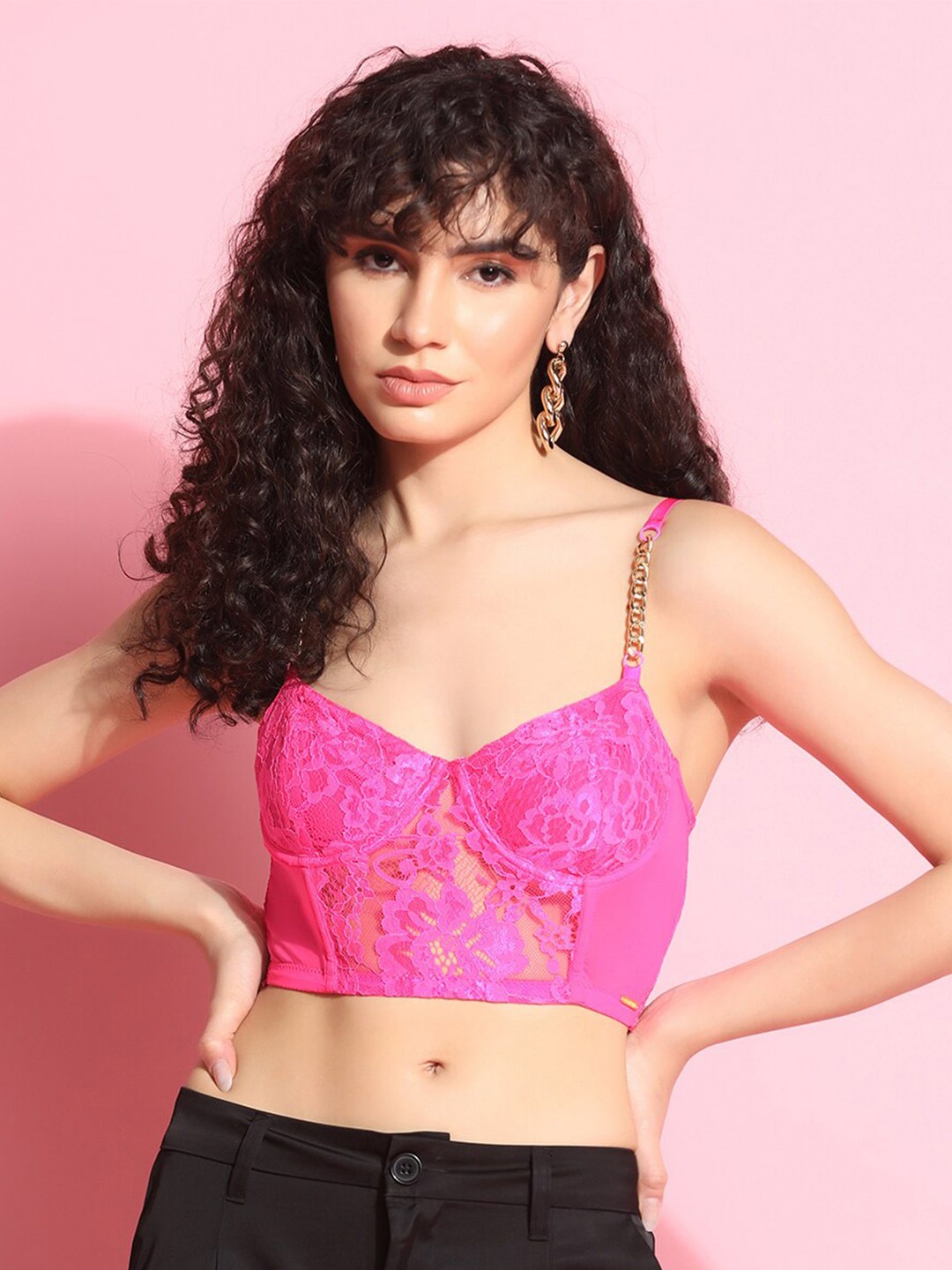

Da Intimo Fluorescent Pink Floral Lace Lightly Padded Bralette Bra With All Day Comfort