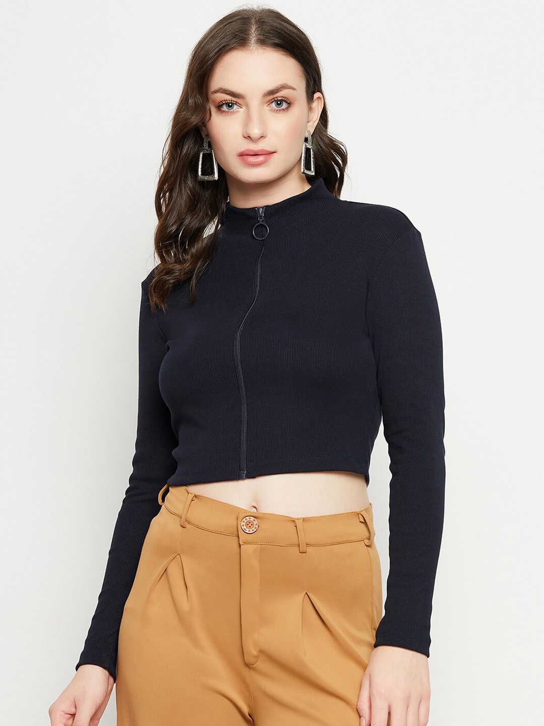 

Madame High Neck Long Sleeves Cotton Top, Navy blue