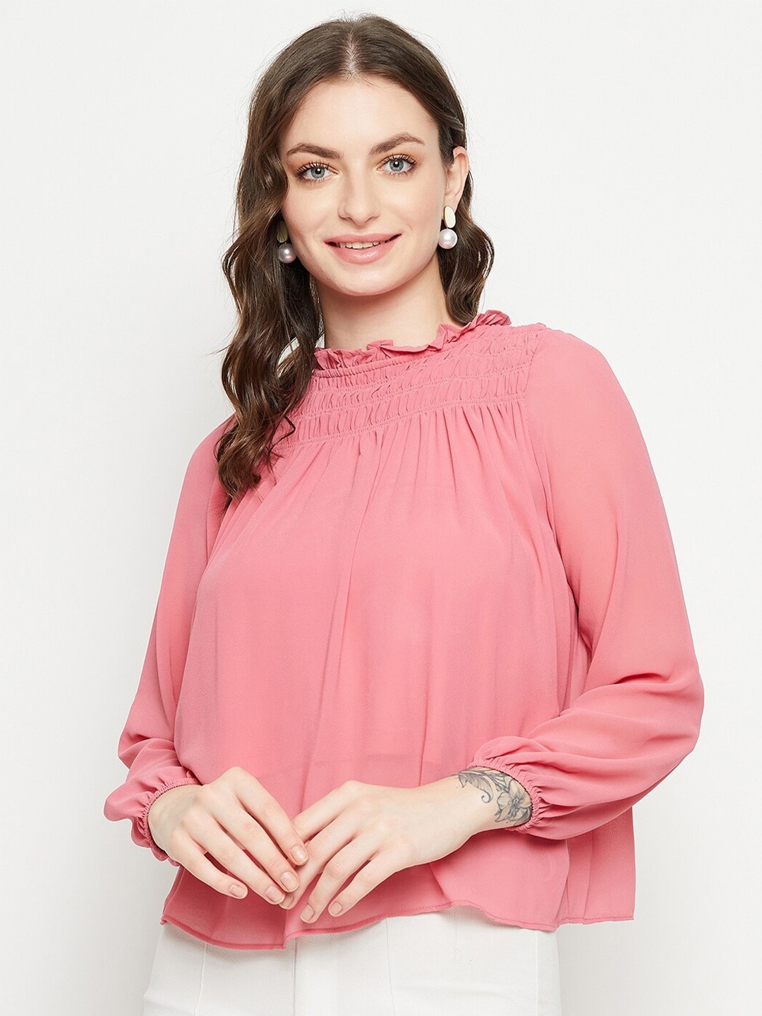 

Madame Puff Sleeves Smocked Detailed Regular Top, Pink