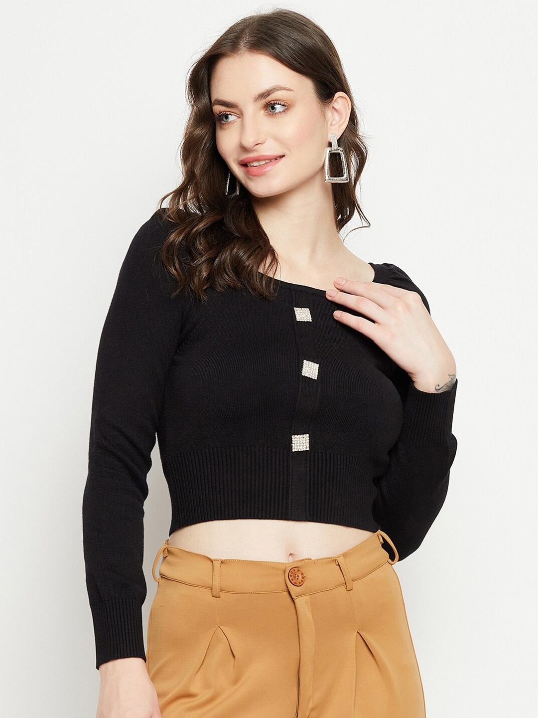 

Madame Round Neck Embellished Crop Top, Black