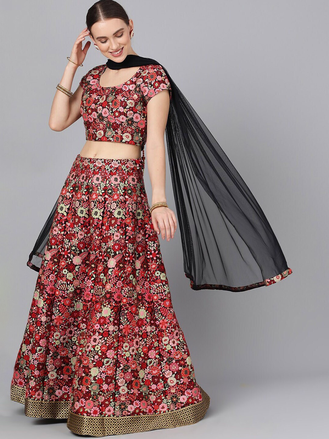 

AKS Couture Printed Ready to Wear Lehenga & Blouse With Dupatta, Red