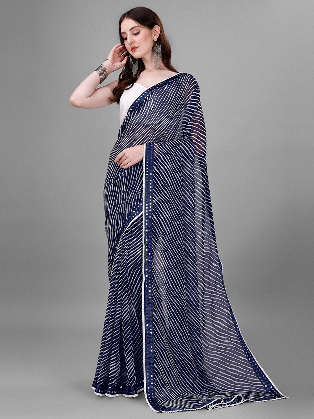 

B4ME.COM Leheriya Printed Mirror Work Pure Georgette Leheriya Saree, Navy blue