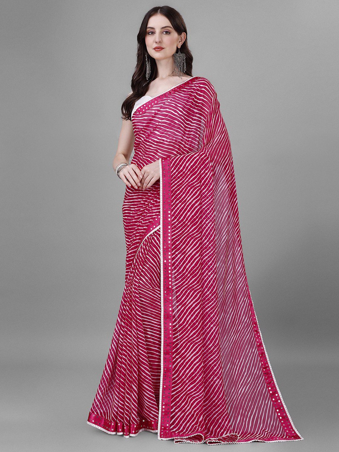 

B4ME.COM Leheriya Printed Mirror Work Pure Georgette Leheriya Saree, Pink