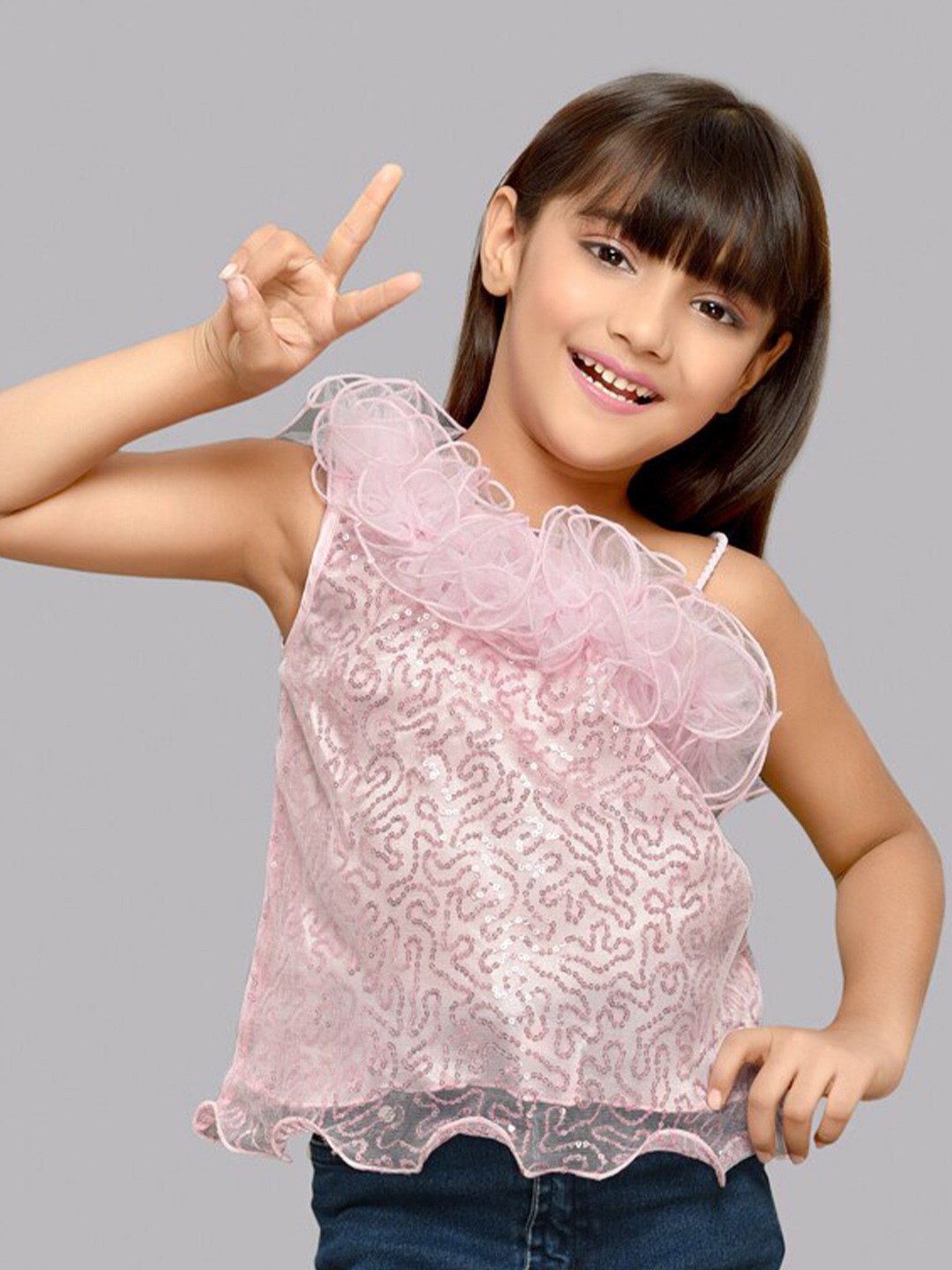 

Pink Chick Embellshed One Shoulder Sequins Net Top