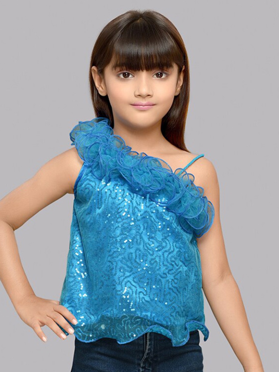 

Pink Chick Embellshed One Shoulder Sequins Net Top, Blue