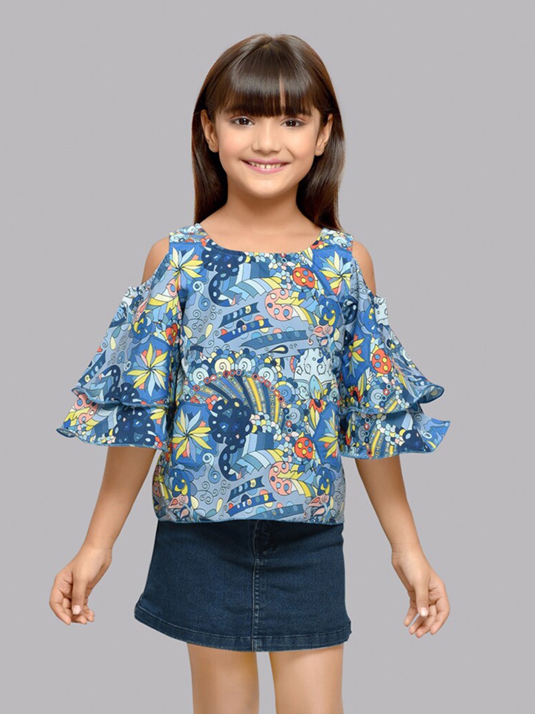 

Pink Chick Girls Abstract Printed Ruffles Top, Blue
