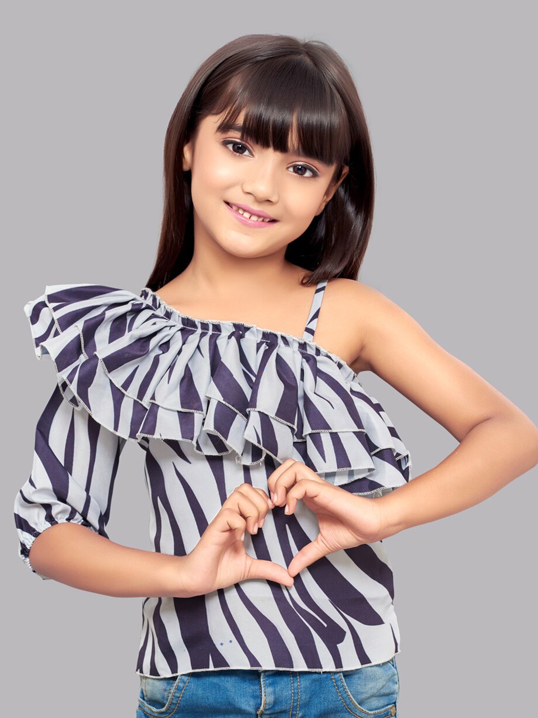 Pink Chick Girls Animal Printed Ruffles Top, Navy blue