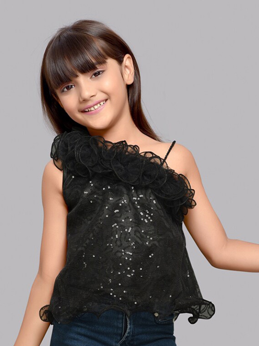 

Pink Chick Girls Embellished Sequined One Shoulder Top, Black