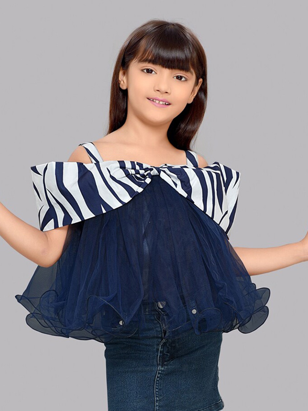 Pink Chick Girls Animal Printed Tulle A-Line Top, Navy blue